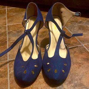 Blue t-strap heels